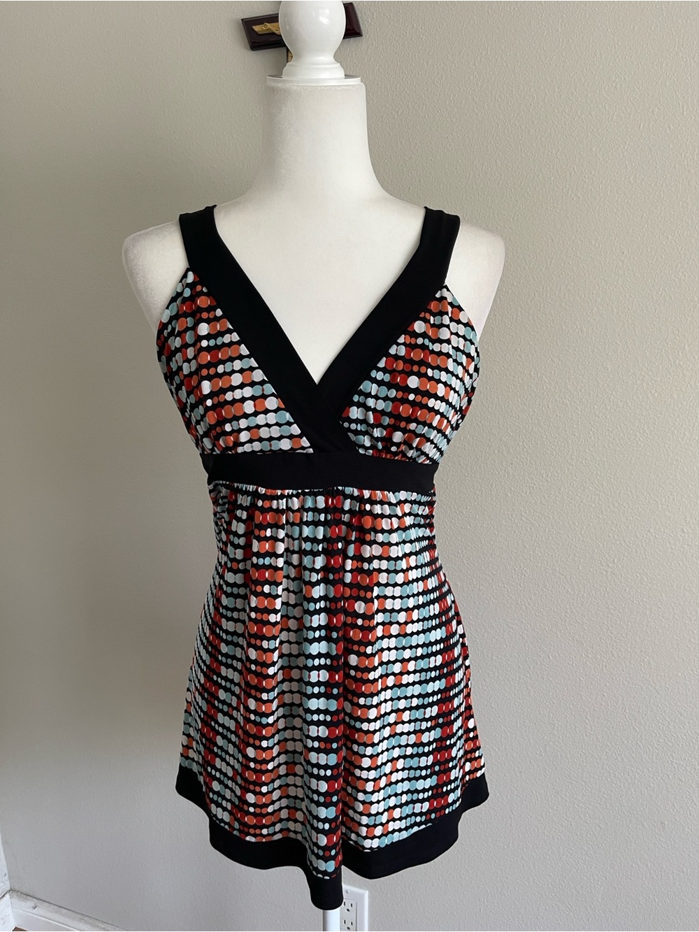 Tempted Black Polka Dot Empire-Waist Chemise with Red & Light Blue Dots
